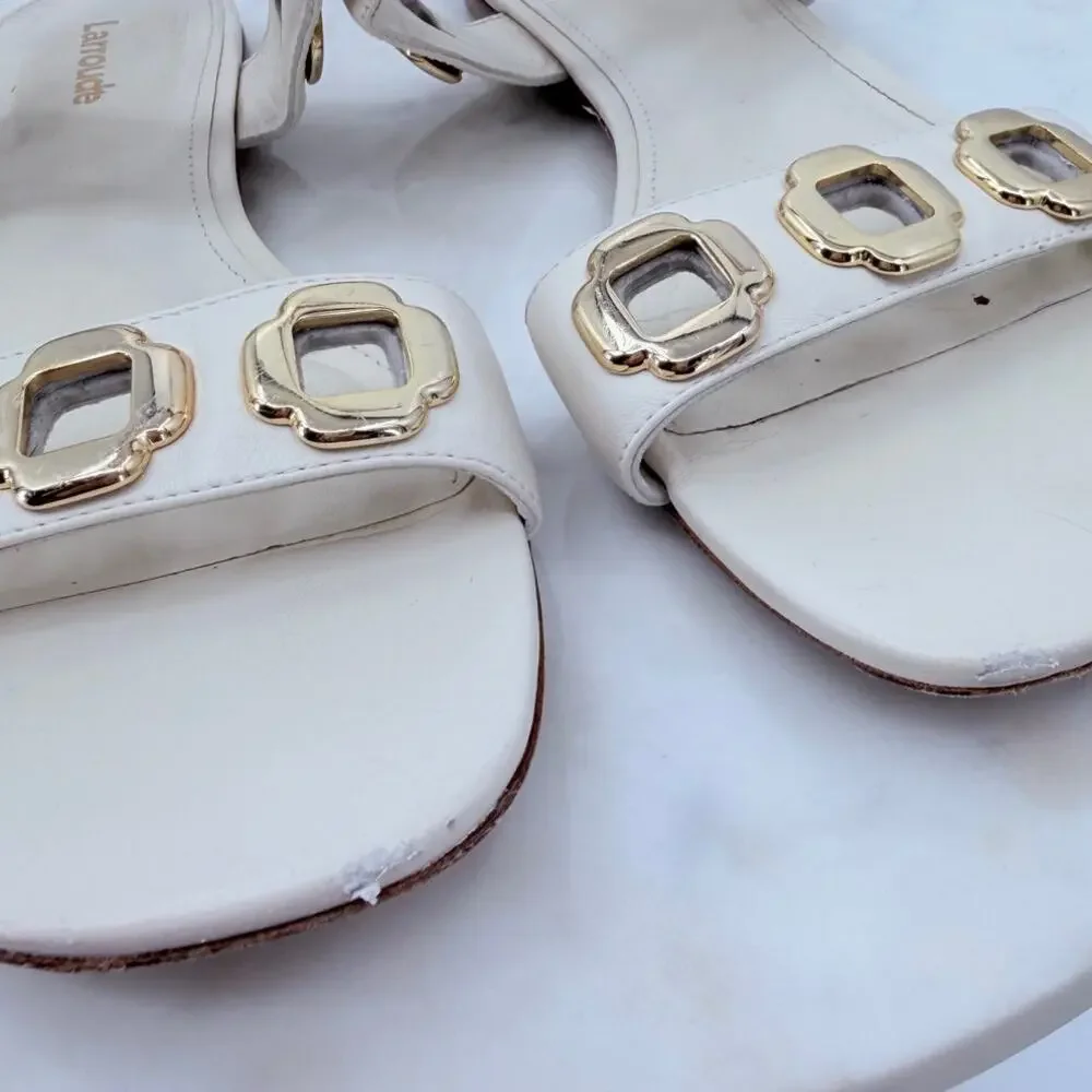 Larroudé Milan Flat Sandal Ivory Leather Gold Chain Size 8.5